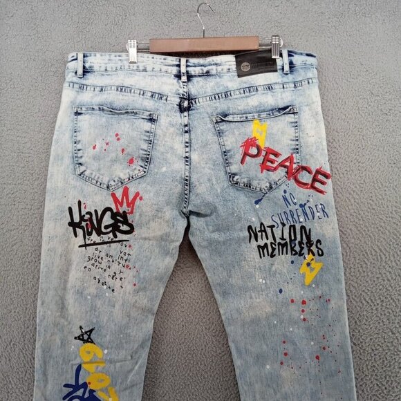 Argonaut Nation Jeans Mens 42x32 Blue Light Wash‎ Painted Graffiti Baggy Y2K - Picture 10 of 14